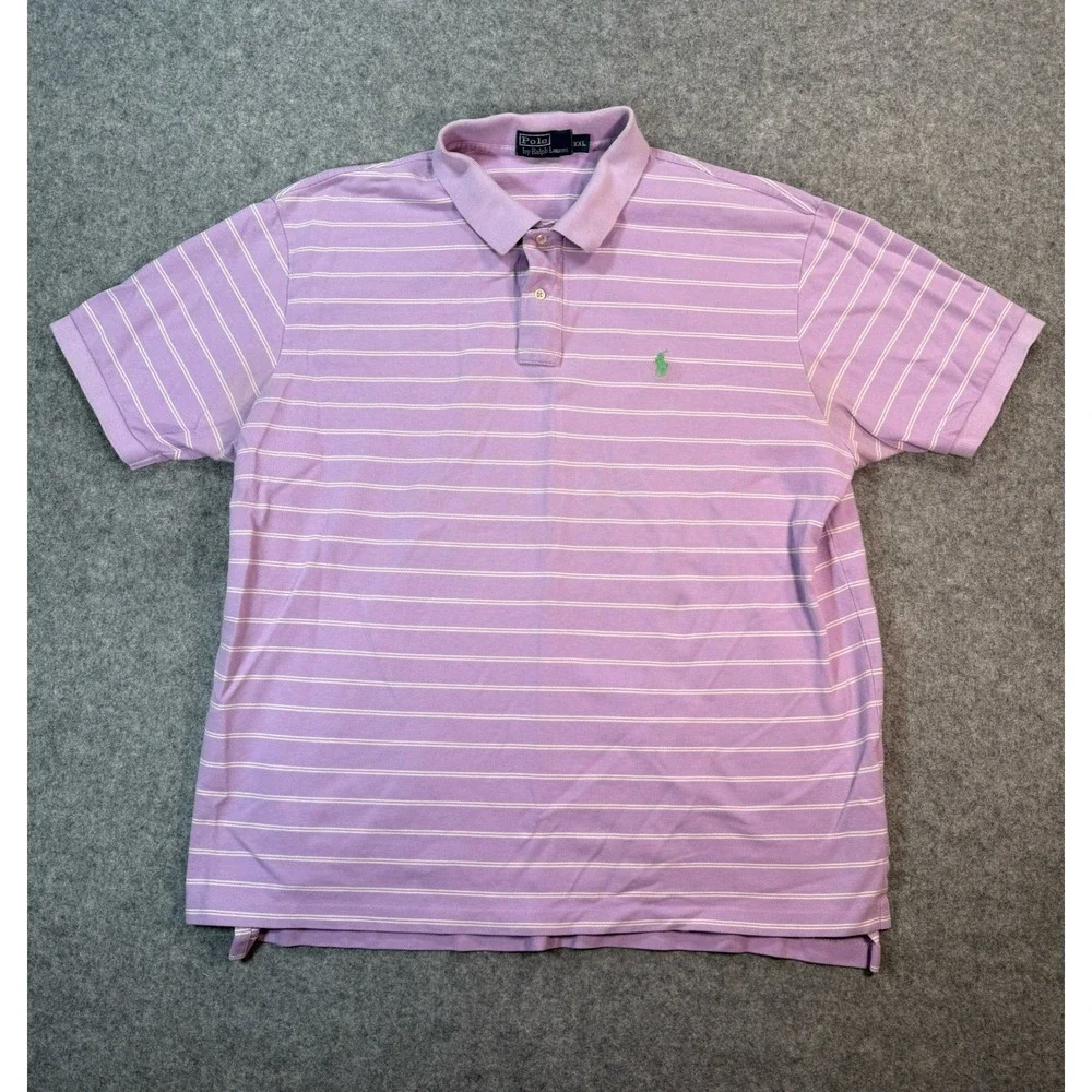 Polo Ralph Lauren Mens XXL Purple White Striped Short Sleeve Pique Polo Shirt